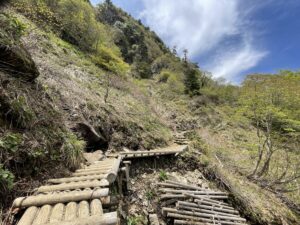 山道の木の階段と青空